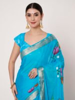 Blue Chinon Chitt Pallu Saree with elegant drape, lightweight fabric, 6.20 meters, matching blouse. - Image 2