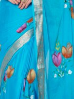 Blue Chinon Chitt Pallu Saree with elegant drape, lightweight fabric, 6.20 meters, matching blouse. - Image 3