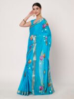 Blue Chinon Chitt Pallu Saree with elegant drape, lightweight fabric, 6.20 meters, matching blouse. - Image 4