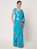 Blue Chinon Chitt Pallu Saree with elegant drape, lightweight fabric, 6.20 meters, matching blouse. - Image 5