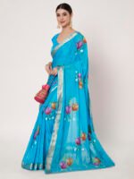 Blue Chinon Chitt Pallu Saree with elegant drape, lightweight fabric, 6.20 meters, matching blouse. - Image 6