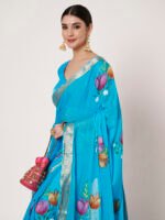Blue Chinon Chitt Pallu Saree with elegant drape, lightweight fabric, 6.20 meters, matching blouse. - Image 7
