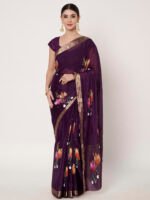 Purple Floral Printed Chinon Chitt Pallu Saree with Matching Blouse Piece – 6.20 Mtr