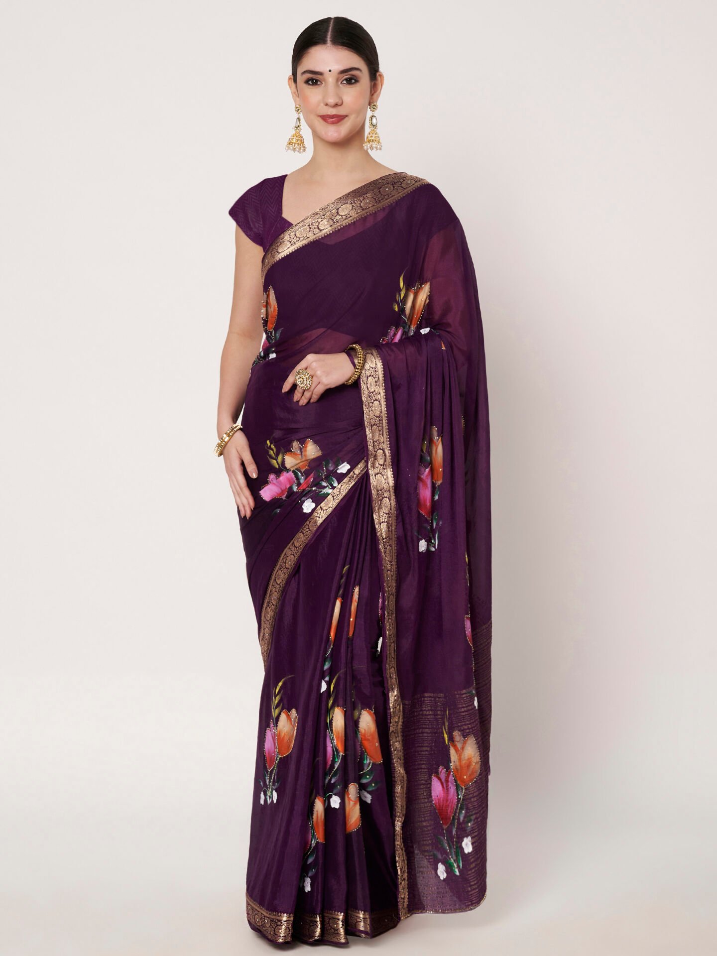 sarees 24_New folder (20)_12-11-2025 ana16175_1 Purple Floral Printed Chinon Chitt Pallu Saree with Matching Blouse Piece – 6.20 Mtr - Image 1
