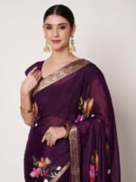 Purple Floral Printed Chinon Chitt Pallu Saree with Matching Blouse Piece – 6.20 Mtr - Image 2