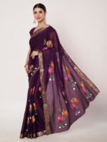 Purple Floral Printed Chinon Chitt Pallu Saree with Matching Blouse Piece – 6.20 Mtr - Image 4