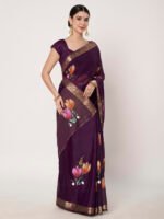 Purple Floral Printed Chinon Chitt Pallu Saree with Matching Blouse Piece – 6.20 Mtr - Image 6