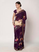 Purple Floral Printed Chinon Chitt Pallu Saree with Matching Blouse Piece – 6.20 Mtr - Image 7