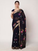 Navy Blue Floral Printed Chinon Saree with Elegant Chitt Pallu and Matching Blouse Piece – 6.20 Mtr