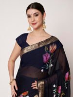 Navy Blue Floral Printed Chinon Saree with Elegant Chitt Pallu and Matching Blouse Piece – 6.20 Mtr - Image 2