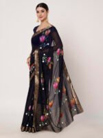 Navy Blue Floral Printed Chinon Saree with Elegant Chitt Pallu and Matching Blouse Piece – 6.20 Mtr - Image 4