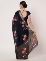 Navy Blue Floral Printed Chinon Saree with Elegant Chitt Pallu and Matching Blouse Piece – 6.20 Mtr - Image 5
