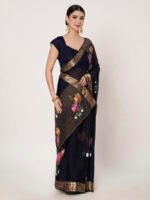 Navy Blue Floral Printed Chinon Saree with Elegant Chitt Pallu and Matching Blouse Piece – 6.20 Mtr - Image 6