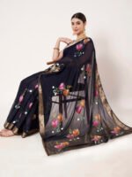 Navy Blue Floral Printed Chinon Saree with Elegant Chitt Pallu and Matching Blouse Piece – 6.20 Mtr - Image 7