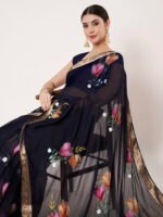 Navy Blue Floral Printed Chinon Saree with Elegant Chitt Pallu and Matching Blouse Piece – 6.20 Mtr - Image 8