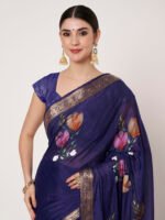 Royal Blue Floral Printed Chinon Saree with Elegant Chitt Pallu and Matching Blouse Piece – 6.20 Mtr - Image 2