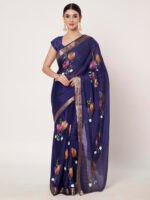 Royal Blue Floral Printed Chinon Saree with Elegant Chitt Pallu and Matching Blouse Piece – 6.20 Mtr - Image 4