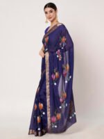 Royal Blue Floral Printed Chinon Saree with Elegant Chitt Pallu and Matching Blouse Piece – 6.20 Mtr - Image 5