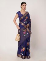 Royal Blue Floral Printed Chinon Saree with Elegant Chitt Pallu and Matching Blouse Piece – 6.20 Mtr - Image 8