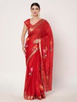 Elegant Red Chinon Chitt Pallu Saree with Soft Fabric, Graceful Drape, Matching Blouse, 6.20 Mtr Length - Image 2