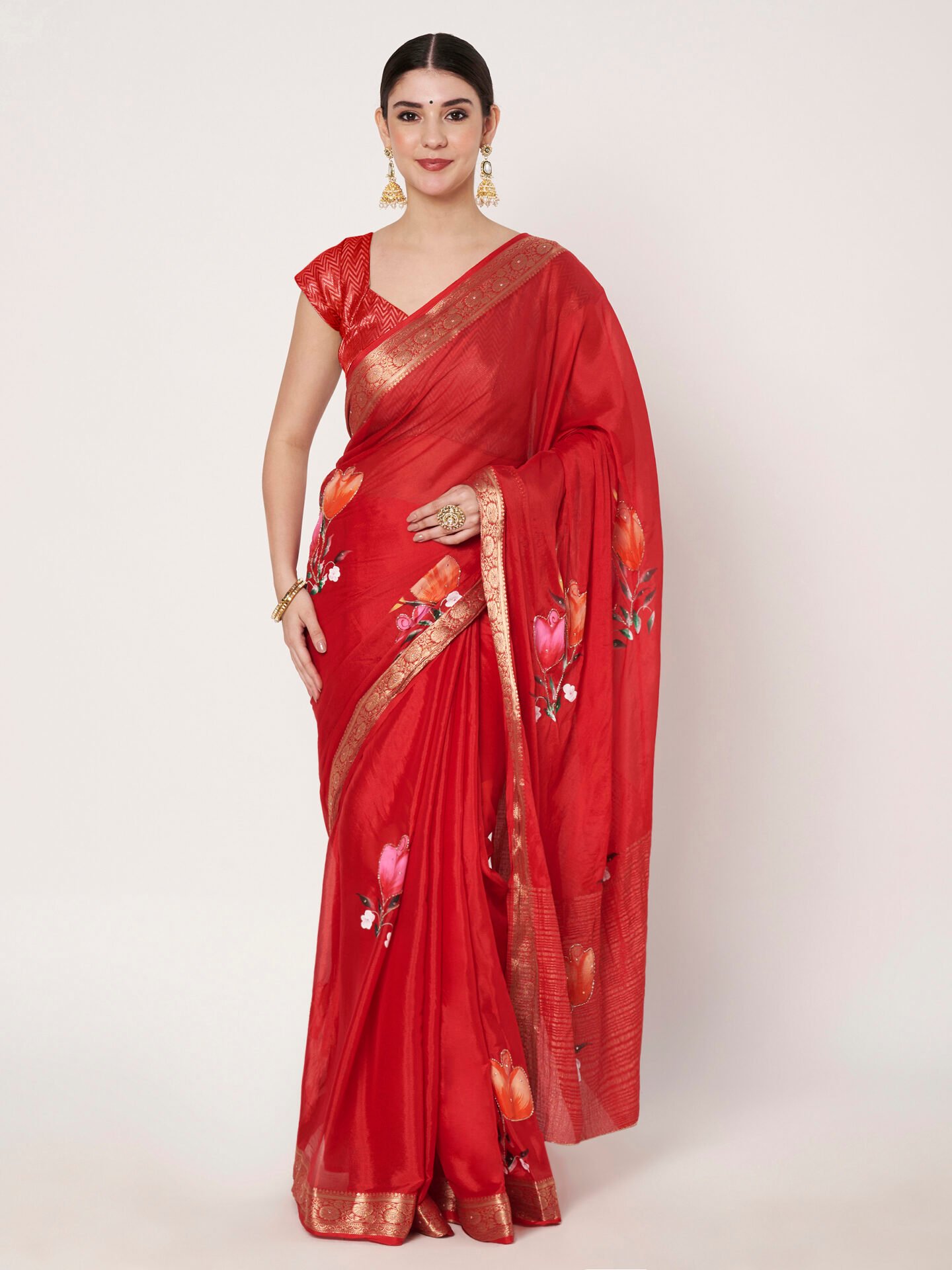 sarees 24_New folder (24)_12-11-2025 ana16264_1 Elegant Red Chinon Chitt Pallu Saree with Soft Fabric, Graceful Drape, Matching Blouse, 6.20 Mtr Length - Image 1