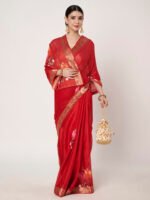 Elegant Red Chinon Chitt Pallu Saree with Soft Fabric, Graceful Drape, Matching Blouse, 6.20 Mtr Length - Image 8