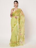 Parrot Green Floral Printed, Lightweight Chiffon Saree, with Smooth Satin Patta & Unstitched Blouse Piece