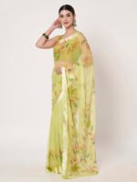 Parrot Green Floral Printed, Lightweight Chiffon Saree, with Smooth Satin Patta & Unstitched Blouse Piece - Image 5