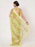 Parrot Green Floral Printed, Lightweight Chiffon Saree, with Smooth Satin Patta & Unstitched Blouse Piece - Image 4
