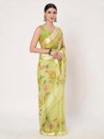 Parrot Green Floral Printed, Lightweight Chiffon Saree, with Smooth Satin Patta & Unstitched Blouse Piece - Image 3