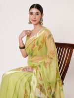 Parrot Green Floral Printed, Lightweight Chiffon Saree, with Smooth Satin Patta & Unstitched Blouse Piece - Image 2