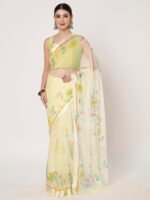 Lemon Yellow Floral Printed Chiffon Saree with Elegant Satin Patta and Matching Blouse Piece