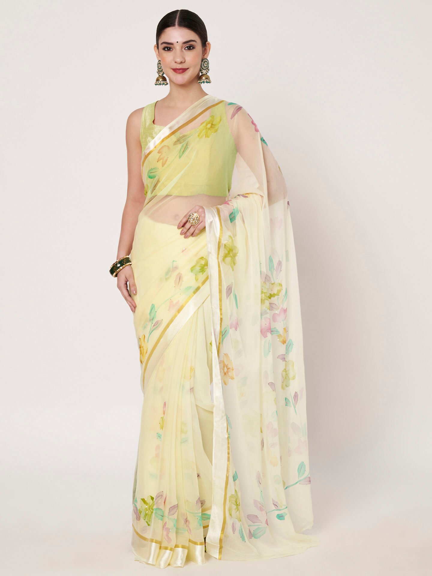 sarees 24_New folder (3)_12-11-2025 ana15833_1 Lemon Yellow Floral Printed Chiffon Saree with Elegant Satin Patta and Matching Blouse Piece - Image 1