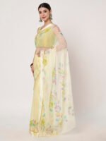 Lemon Yellow Floral Printed Chiffon Saree with Elegant Satin Patta and Matching Blouse Piece - Image 2