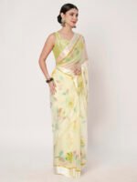 Lemon Yellow Floral Printed Chiffon Saree with Elegant Satin Patta and Matching Blouse Piece - Image 3