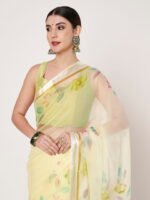 Lemon Yellow Floral Printed Chiffon Saree with Elegant Satin Patta and Matching Blouse Piece - Image 4