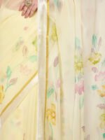 Lemon Yellow Floral Printed Chiffon Saree with Elegant Satin Patta and Matching Blouse Piece - Image 5