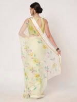 Lemon Yellow Floral Printed Chiffon Saree with Elegant Satin Patta and Matching Blouse Piece - Image 6