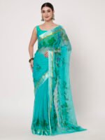 Elegant Rama Green Chiffon Saree, with Delicate Floral Prints, Lustrous Satin Patta Border – 6.50 Meters with Matching Blouse Piece