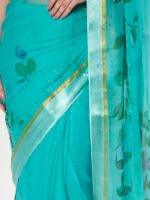 Elegant Rama Green Chiffon Saree, with Delicate Floral Prints, Lustrous Satin Patta Border – 6.50 Meters with Matching Blouse Piece - Image 2