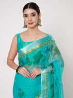 Elegant Rama Green Chiffon Saree, with Delicate Floral Prints, Lustrous Satin Patta Border – 6.50 Meters with Matching Blouse Piece - Image 3