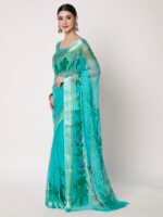 Elegant Rama Green Chiffon Saree, with Delicate Floral Prints, Lustrous Satin Patta Border – 6.50 Meters with Matching Blouse Piece - Image 4