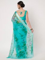 Elegant Rama Green Chiffon Saree, with Delicate Floral Prints, Lustrous Satin Patta Border – 6.50 Meters with Matching Blouse Piece - Image 5