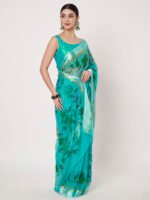 Elegant Rama Green Chiffon Saree, with Delicate Floral Prints, Lustrous Satin Patta Border – 6.50 Meters with Matching Blouse Piece - Image 6