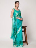 Elegant Rama Green Chiffon Saree, with Delicate Floral Prints, Lustrous Satin Patta Border – 6.50 Meters with Matching Blouse Piece - Image 7