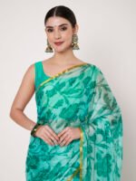 Elegance Rama Green Chinon Saree with Subtle Zari Piping and Matching Blouse Piece – 6.50 Mtr - Image 3