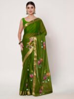 Women’s Mehandi Floral Printed Chinon chitt pallu, with Elegant Satin Patta and Matching Blouse Piece – 6.5 Mtr.