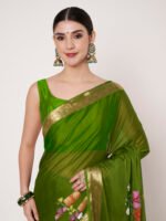 Women’s Mehandi Floral Printed Chinon chitt pallu, with Elegant Satin Patta and Matching Blouse Piece – 6.5 Mtr. - Image 3