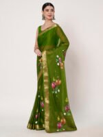 Women’s Mehandi Floral Printed Chinon chitt pallu, with Elegant Satin Patta and Matching Blouse Piece – 6.5 Mtr. - Image 4