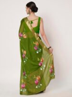 Women’s Mehandi Floral Printed Chinon chitt pallu, with Elegant Satin Patta and Matching Blouse Piece – 6.5 Mtr. - Image 5